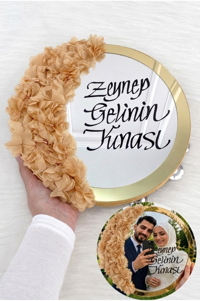 ZEYMERADE Gold Aynalı Gelin Tefi 30cm, Kaligrafi Yazılı Ve Lazer Çiçek Süslem...