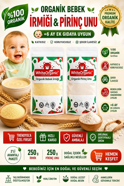 White Organic Bebek İrmiği+Organik Pirinç Unu 2'li Set +6 Ay Ek Gıda Başlangıç