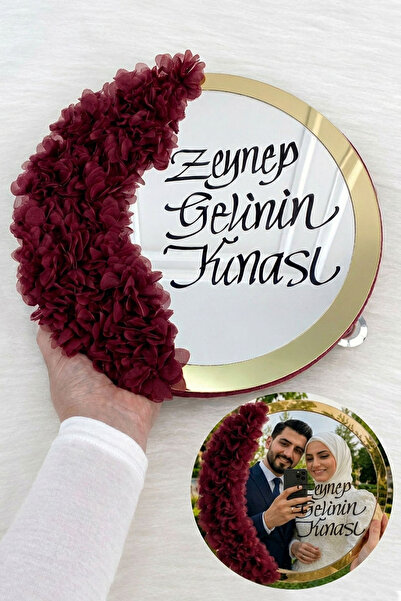 ZEYMERADE Bordo Aynalı Gelin Tefi 30cm, Kaligrafi Yazılı Ve Lazer Çiçek Süsle...