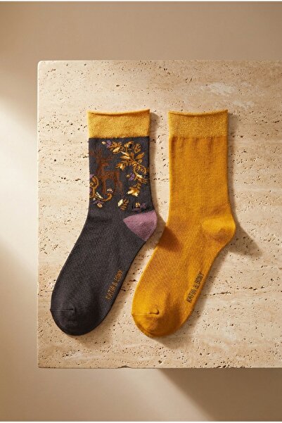 Katia&Bony Γυναικείες κάλτσες με σχέδιο Glitter 2-pack Anthracite Mustard