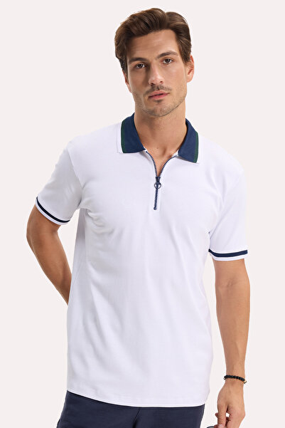 Tudors Erkek Slim Fit Dar Kesim %100 Pamuk Kısa Kollu Yarım Fermuarlı Beyaz P...