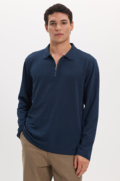 Tudors Men's Standard Fit Regular Cut Cotton Long Sleeve Zippered Navy Blue P...