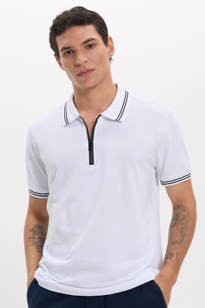 Tudors Erkek Slim Fit Dar Kesim %100 Pamuk Kısa Kollu Fermuarlı Beyaz Polo Ya...