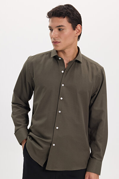 Tudors Men's Regular Fit Classic Cut Cotton Easy-Iron Dobby Khaki Shirt