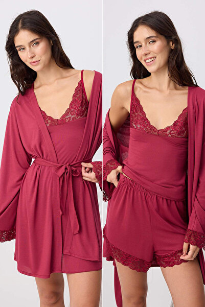 Trendyol Kollektion Burgunderrotes 4-teiliges Pyjama-Set aus Viskose mit Spit...