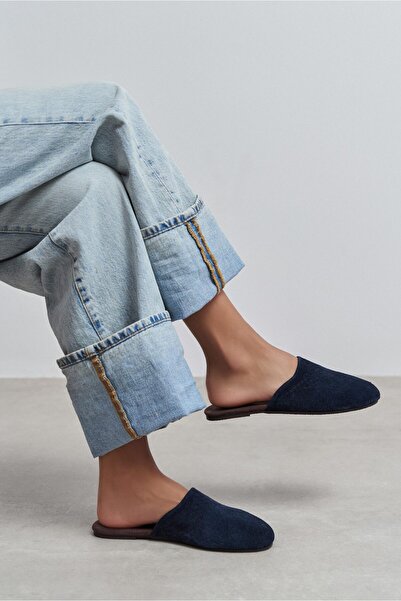 NİŞANTAŞI SHOES Modi Navy Blue Suede Leather Flat Sole Closed Front Women's S...