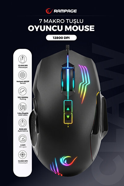 Rampage SMX-G38 CLAW Usb 7 Makro Tuşlu RGB 12800 DPI Gaming Oyuncu Mouse