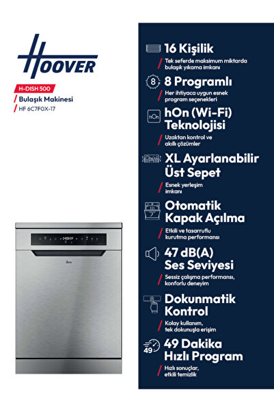 Hoover Hf 6C7F0X-17 8 Programlı Wi-Fi Bağlantılı Bulaşık Makinesi
