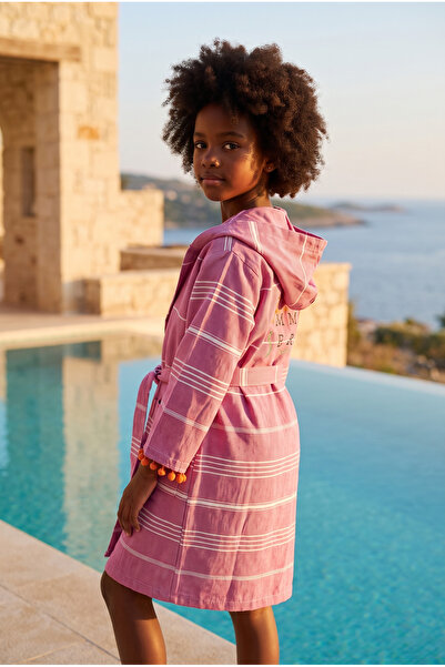 Katia&Bony Girl's Pink Colored Summer Written Peshtemal Bathrobe
