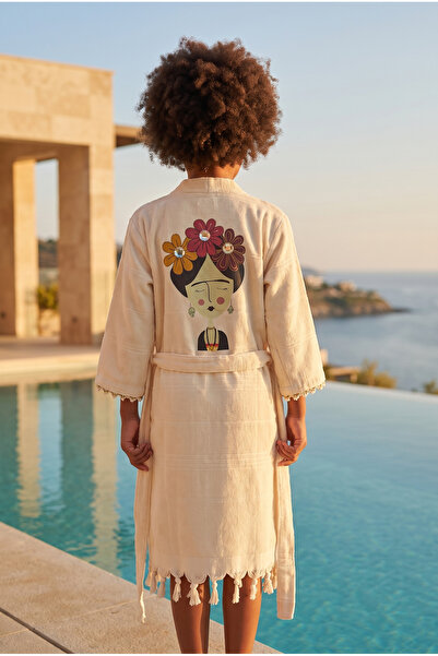 Katia&Bony Girl's Ecru Colored Frida Printed Peshtemal Bathrobe