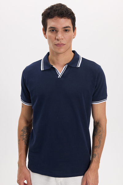 Tudors Erkek Slim Fit Dar Kesim %100 Pamuklu Çizgili Detaylı V Yaka Lacivert ...
