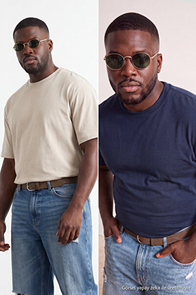 TRENDYOL MAN Taş-Lacivert Büyük Beden 2'li Paket Regular/Normal Kesim T-Shirt...