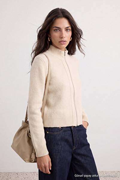 Trendyol Collection Ecru Zippered Wool Blend High Neck Soft Textured Knitwear...