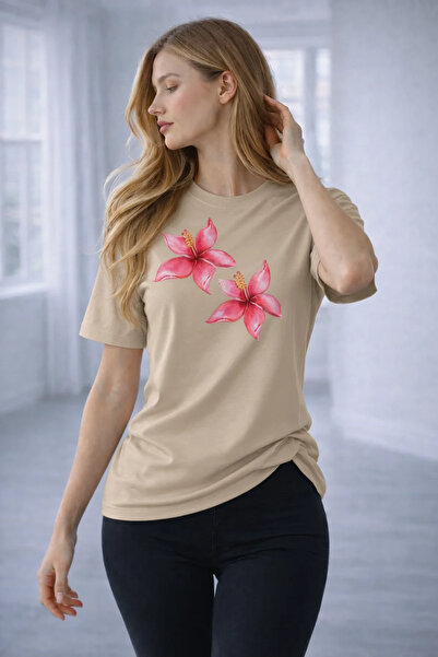 caddekombin Women's Summer Style Pink Floral Printed Round Neck Sports T-Shir...