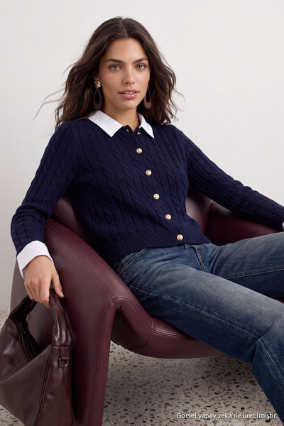Trendyol Collection كارديجان تريكو محبوك باللون الأزرق الداكن TWOAW26HI00260