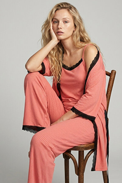 Trendyol Collection Salmon 3-Piece Lace Detailed Ribbed Knitted Pajama Set Th...