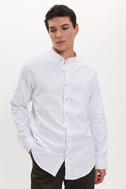 Tudors Men's Slim Fit Slim Fit Long Sleeve 100% Cotton Linen Texture Striped ...