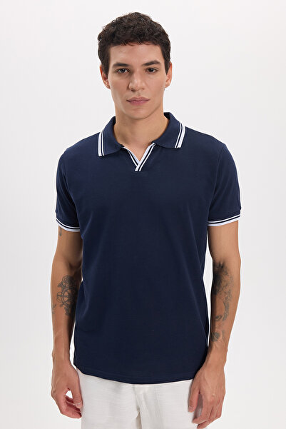 Tudors Men's Slim Fit 100% Cotton Striped Detailed V-Neck Navy Blue Polo Neck...