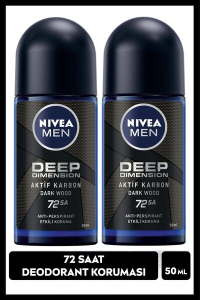 NIVEA MEN Erkek Roll-on Deodorant Deep Dimension Aktif Karbon 50ml, 72 Saat A...