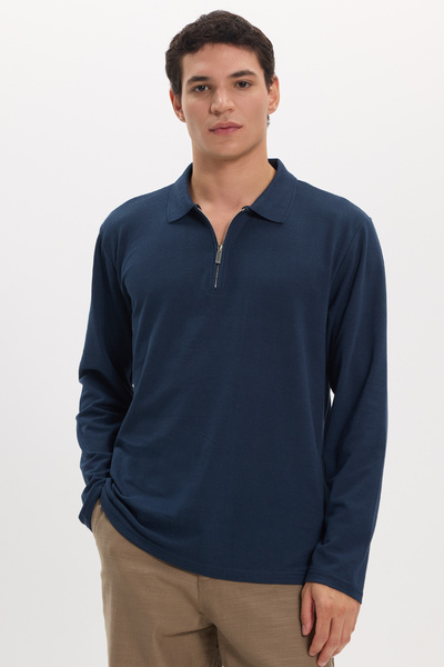 Tudors Men's Standard Fit Regular Cut Cotton Long Sleeve Zippered Navy Blue P...