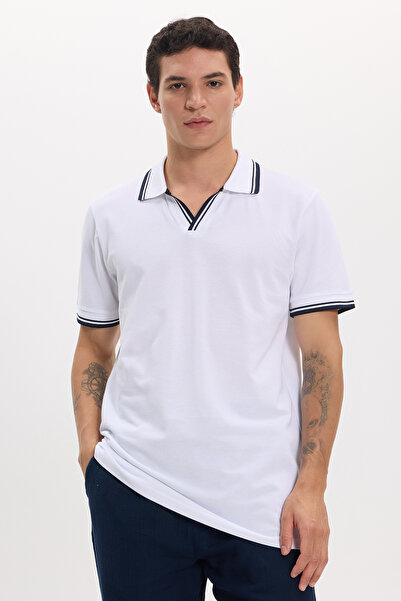 Tudors Men's Slim Fit 100% Cotton Striped Detailed V-Neck White Polo Neck T-S...