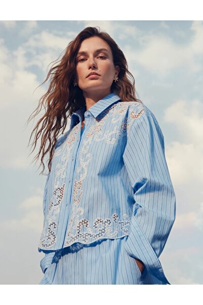 Marks & Spencer Чисто памучна бродирана раирана риза