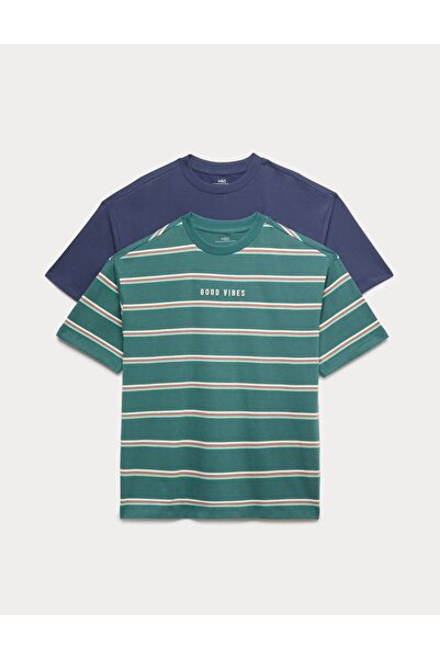 Marks & Spencer Комплект от 2 тениски  "Good Vibes " от чист памук (6-16 години)