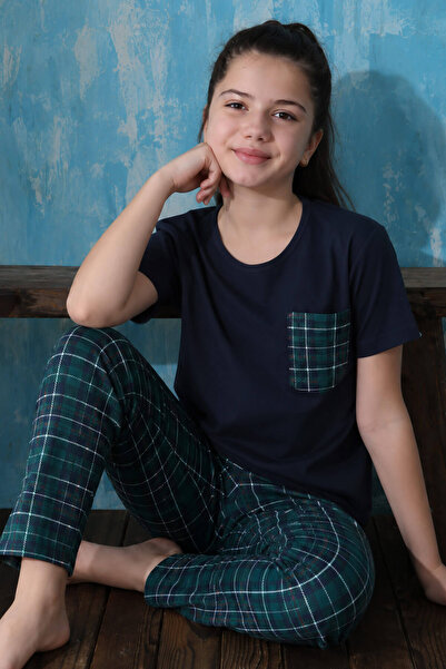 Pijamaevi Navy Blue Pocket Short Sleeve Mother Daughter Family Pajamas - Kids...