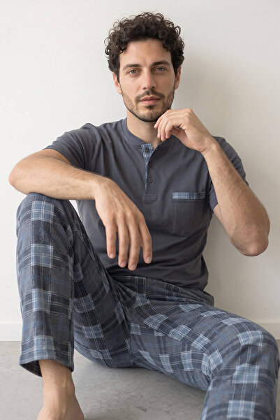 Pijamaevi Dark Gray Plaid Placket Pocket Detailed Short Sleeve Men's Pajama Set