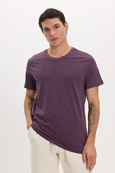 Tudors Unisex Slim Fit Slim Fit 100% βαμβακερό μαλακό μωβ μπλουζάκι με λαιμόκοψη