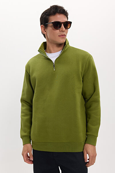 Tudors Unisex relax fit comfortable cut cotton fleece lined half zipper khaki...