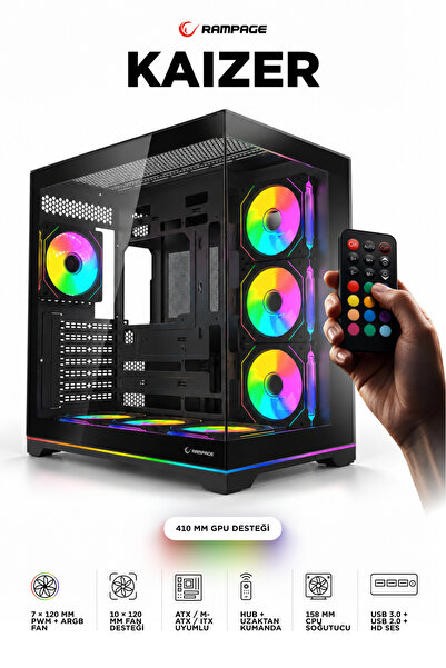 Rampage KAIZER Kumandalı 7*12cm ARGB Fan+Kontrolcü PWM Fanlı ATX/M-ATX Siyah ...
