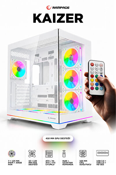 Rampage KAIZER Kumandalı 7*12cm ARGB Fan+Kontrolcü PWM Fanlı ATX/M-ATX Beyaz ...