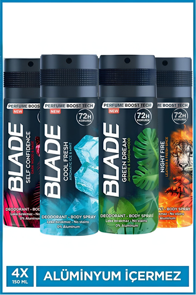Blade Erkek Deodorant 4x150 Ml (Cool Fresh,Nıght Fıre,Self Confidence,Green D...