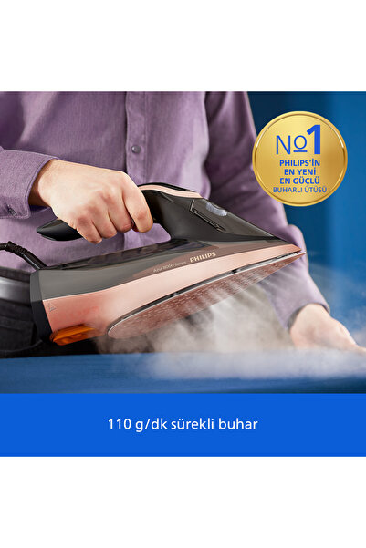 Philips 8000 Serisi Azur Buharlı Ütü, Sıfır Yanık, 260g Turbo şok buhar, 110 g/dk, 3000W, DST8070/80