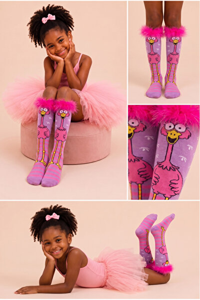 Katia&Bony Girl's flamingo patterned knee high socks with feather accessories