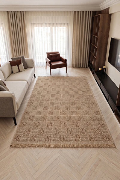 Cool Halı Mirage Kahverengi Dama Desenli Kilim Kaymaz Tabanlı Yıkanabilir Boh...