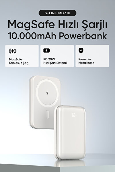 S-LINK MG310 10000mAh PD20W Magsafe 15W Kablosuz Type-C Beyaz Taşınabilir Met...