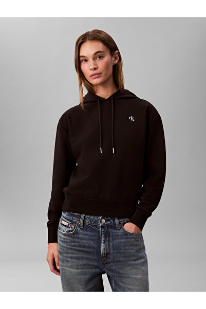 Calvin Klein Women's Regular Fit Ck Logo Embroidered Hooded Long Sleeve Black...