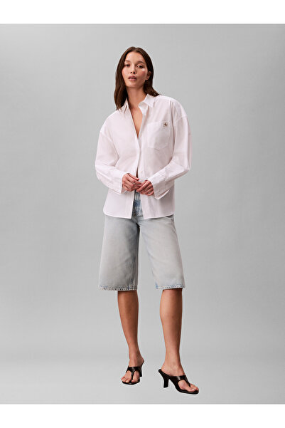 Calvin Klein قميص نسائي أبيض منسوج قصير القصة من قطن البوبلين LV047F148G-YAA