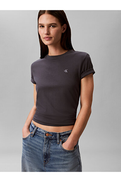 Calvin Klein Kadın Normal Kesim Pamuklu Yuvarlak Yakalı Kısa Kollu Koyu Gri T-Shirt