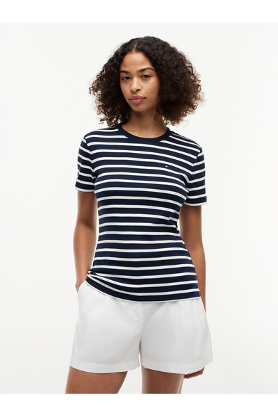 Tommy Hilfiger Damen Slim Cody C-Nk T-Shirt - Marineblau/Ecru