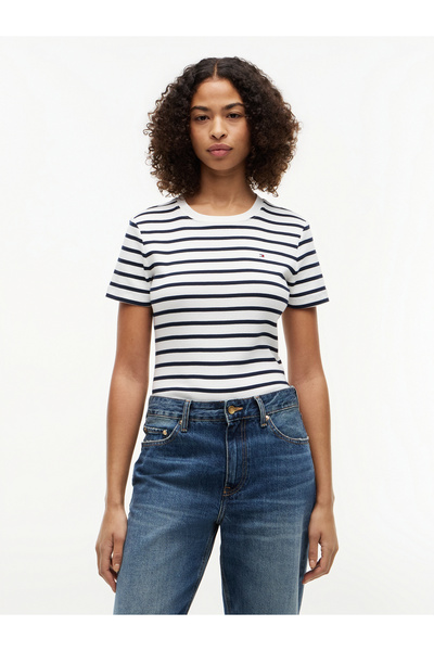 Tommy Hilfiger Kadın Bisiklet Yaka Çizgili Pamuklu T-shirt - Beyaz/Lacivert
