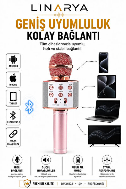 linarya Karaoke Mikrofon Dahili Hoparlörlü Usb Flash Tf Kart Destekli Ses Değiştirme Efektli Çocuk Mikrofonu