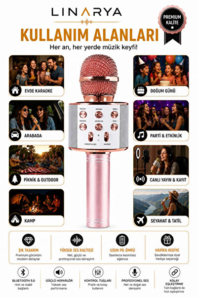 linarya Karaoke Mikrofon Dahili Hoparlörlü Usb Flash Tf Kart Destekli Ses Değiştirme Efektli Çocuk Mikrofonu