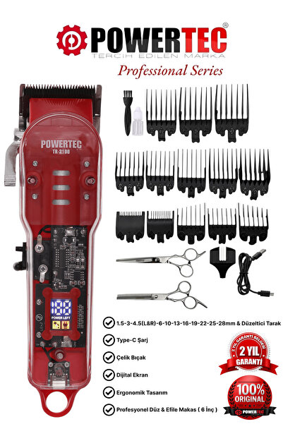 POWERTEC TR-3100 Profesyonel Şarjlı Saç Sakal Tıraş Makinesi | Makas Hediyeli
