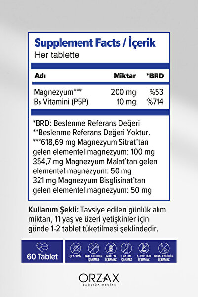 Ocean ExtraMag Üçlü Kombinasyon Magnezyum 200 mg Takviye Edici Gıda 60 Tablet