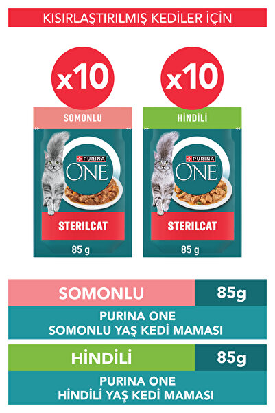 Purina One Sterilcat Yaş Kedi Maması 20'li Karma Paket (SOMON 10X85G, HİNDİ 1...