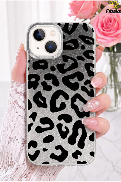 Fibaks Simli Leopar iPhone 13/14/15 Kılıf Glitter Leopard Şeffaf Telefon Kılı...