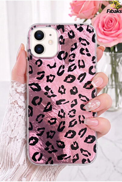 Fibaks iPhone 11 Kılıf Hologramlı Pembe Leopar Desenli Darbe Emici Kamera Kor...